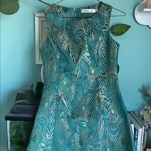 Sunny Girl Peacock Feather Jacquard Fit & Flare Dress Teal Gold Size Small